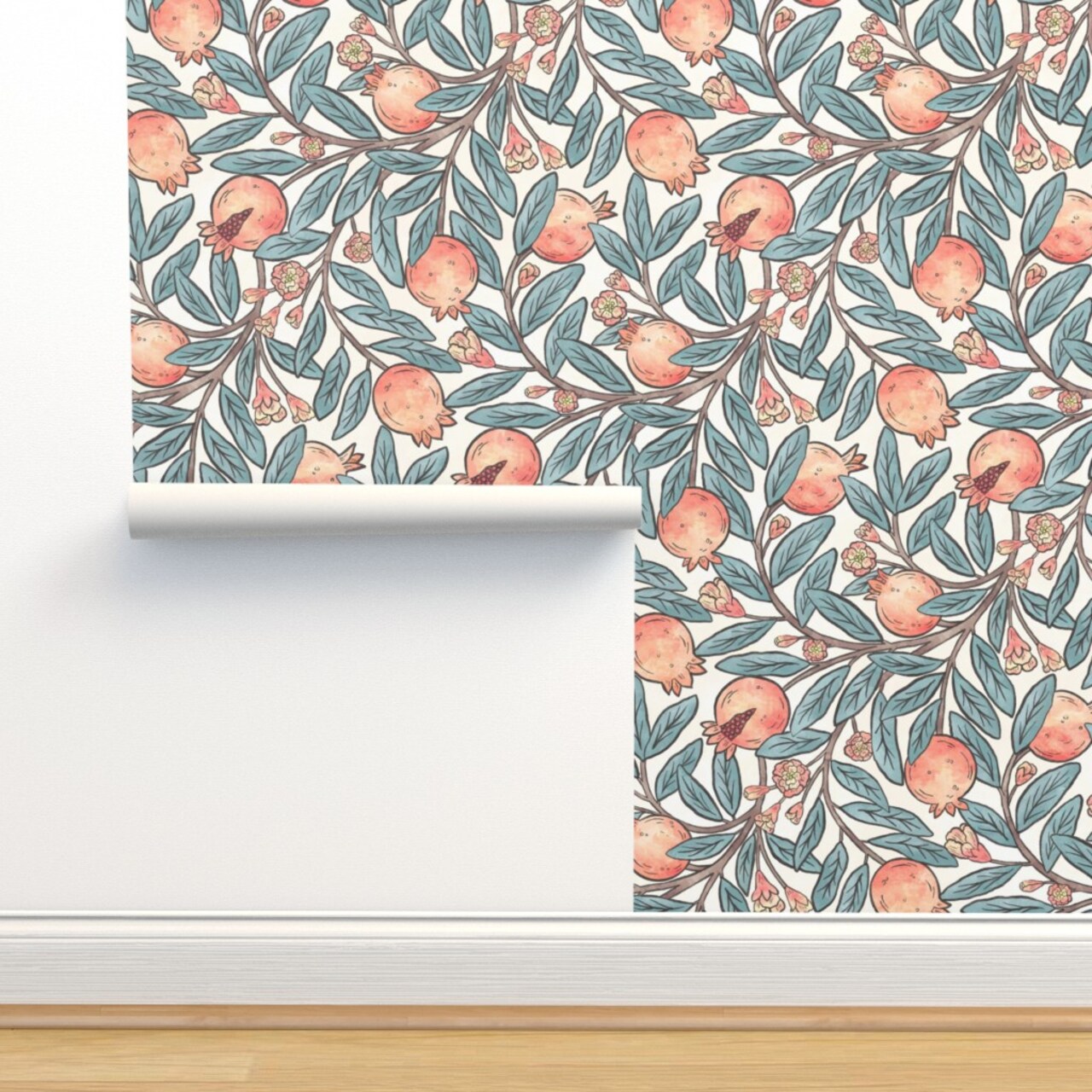 Green Vintage Leaves Fruit Art Nouveau Botanical Pomegranate Victorian Arts And Crafts Large Scale Floral Custom Pre-pasted Wallpaper by Spoonflower Pre-Pasted Wallpaper 2FT Wide